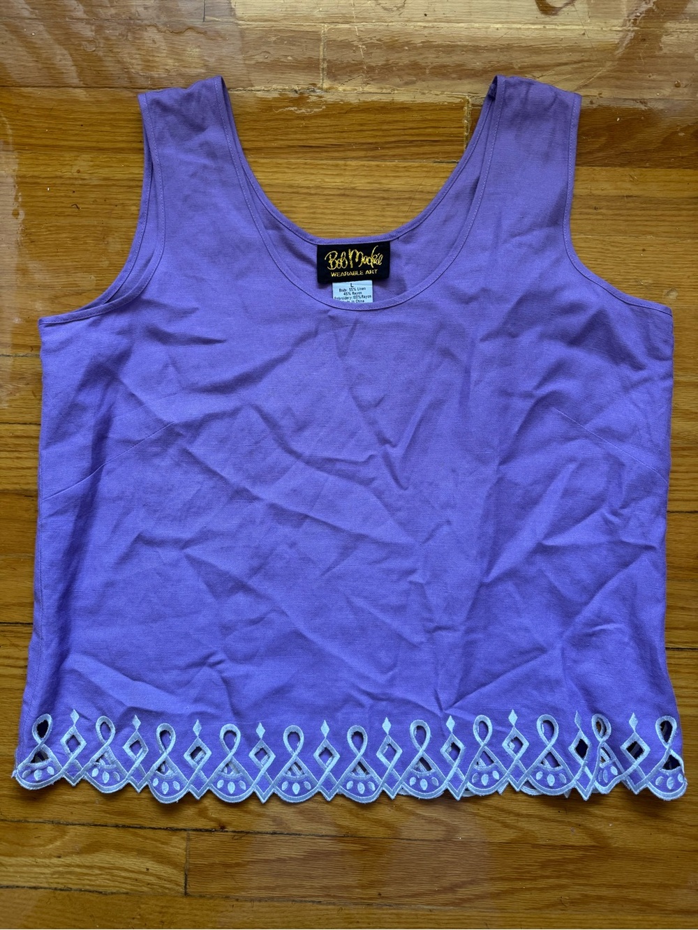 Like New 90s Bob Mackie Lavender Linen Scoop Neck Tank Laser-Cut Hem
